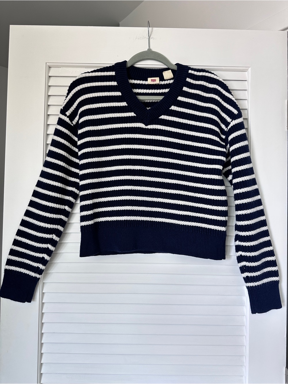 Levi’s V-Neck Striped Wool Blend Sweater Navy White Size S